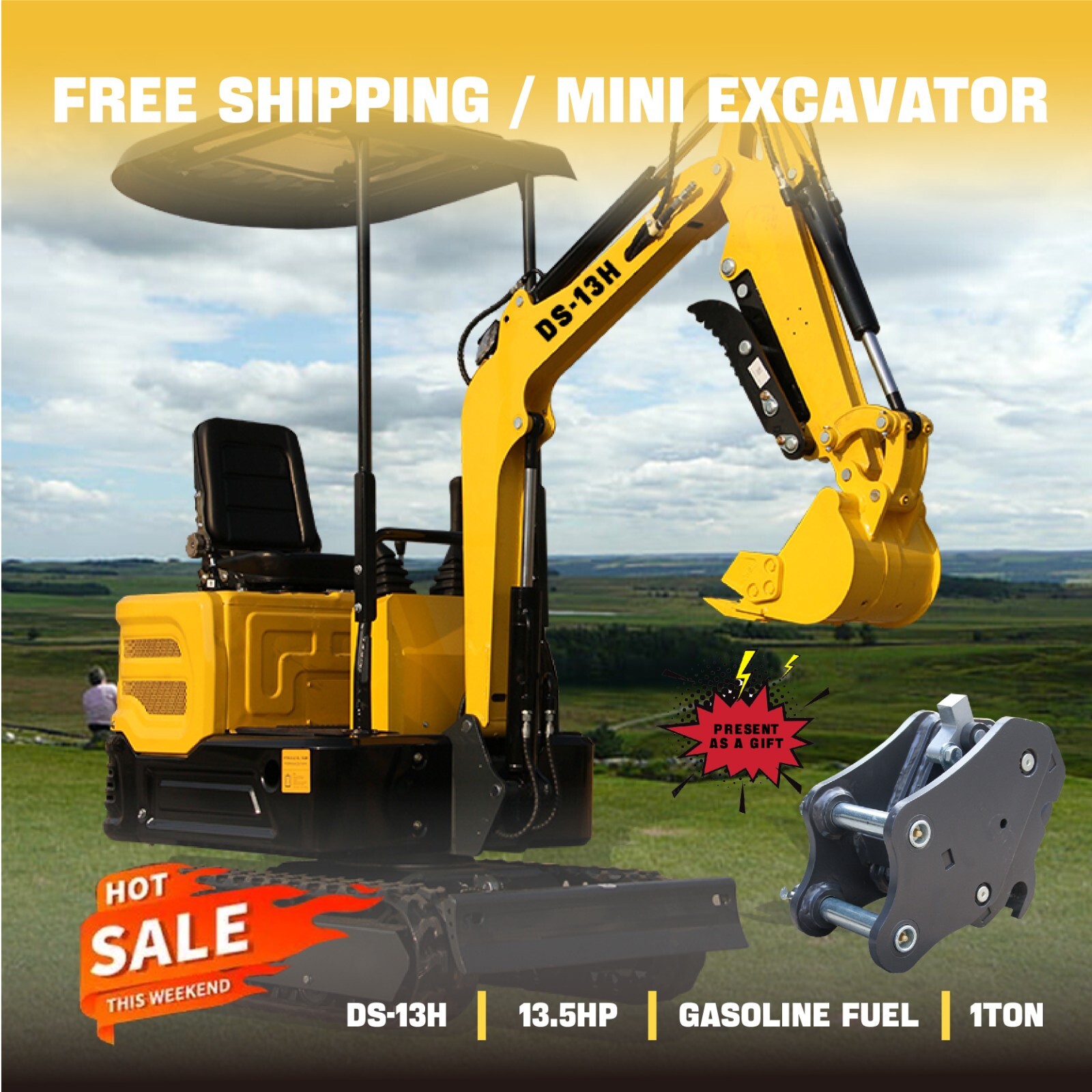 Free shipping small excavator, 13.5 horsepower, integral forged chassis.