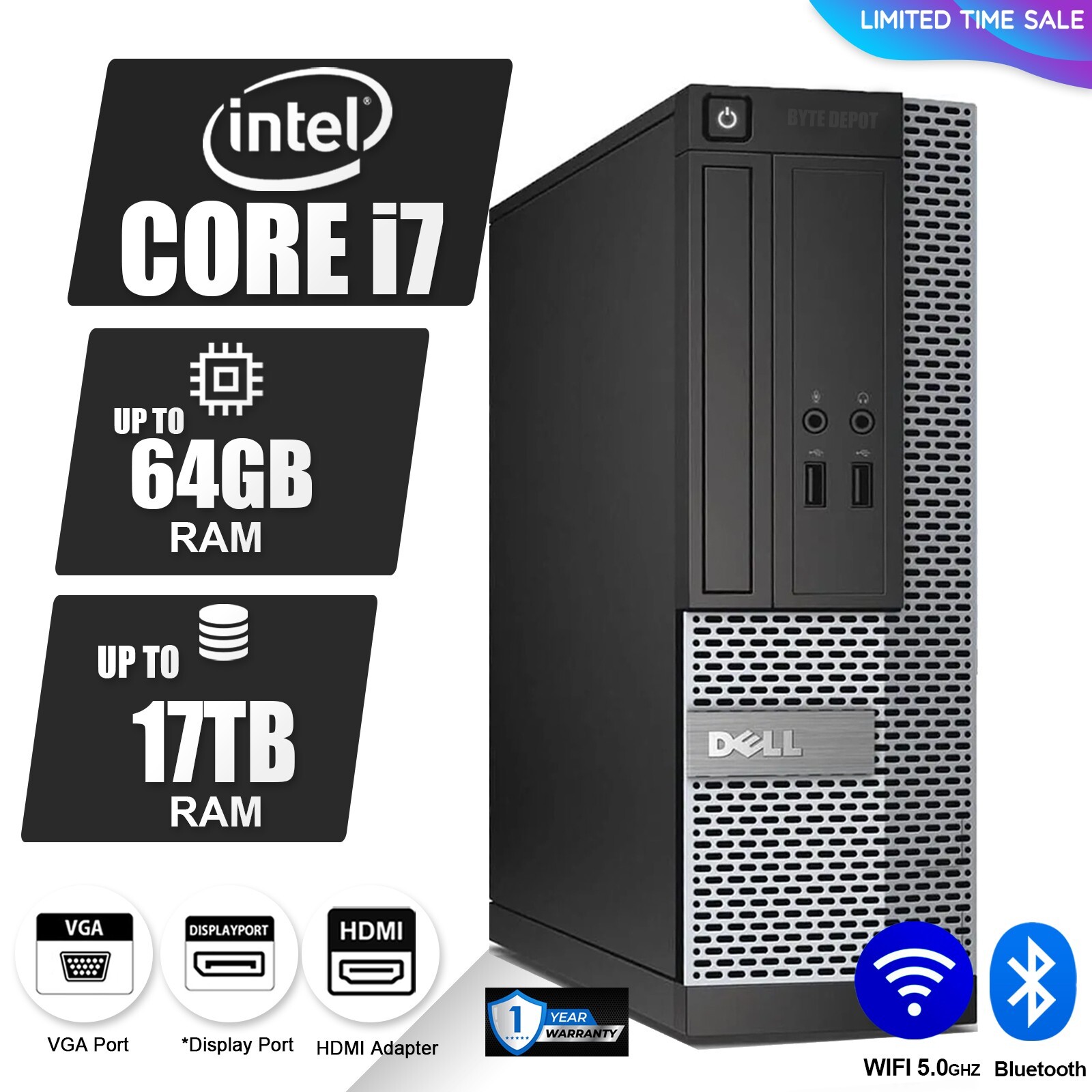 DELL Desktop Computer PC i7, up to 64GB RAM, 17TB SSD, Windows 10/11, WiFi BT