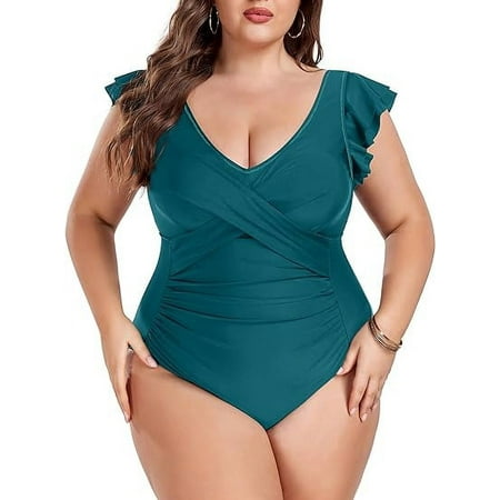 TIYOMI Plus Size Women’s 2X One Piece Swimsuit Peacock Blue Swimwear Ruffled Deep V Neck Swimsuit Tummy Control Bathing Suits 2XL 18W 20W