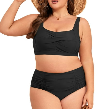 Zando PLus Size Bikini Sets for Women Tummy Control High Waisted Women’s Bankini Swimsuits 2 Pieces Swimsuits for Big Busted Women with Ruched Black 3XL