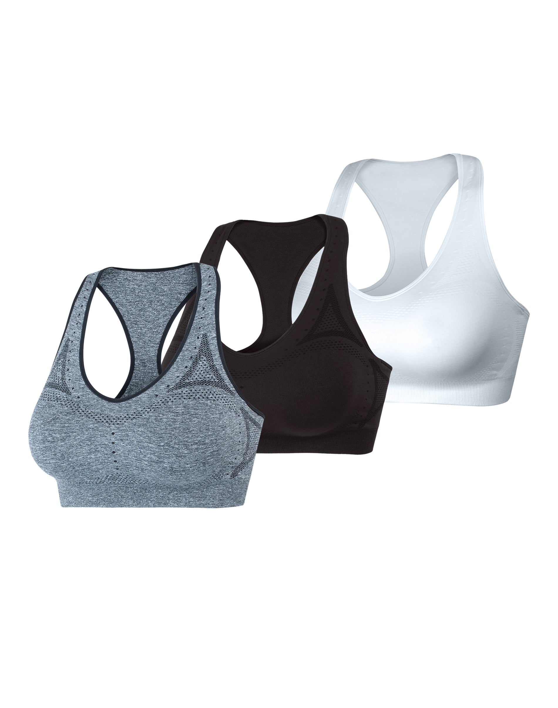 Hanes Sport Women’s Seamless Racerback Sports Bra, 3-Pack Black/White/Grey L