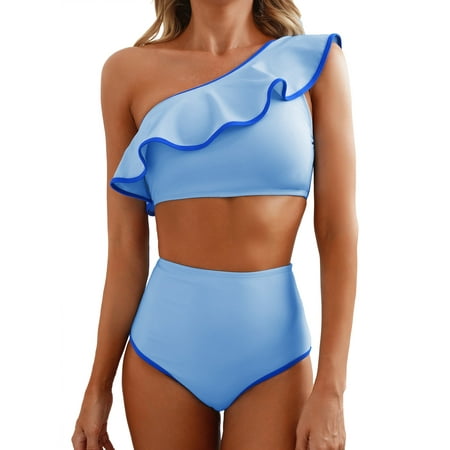 Eytino Bathing Suits for Women Bikini Set One Shoulder Swimsuits for Women Color Block Trim Ruffle Hem Swimsuits High Waisted Bikini Swimwear Sky Blue 2XL