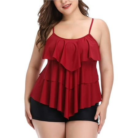 Plus Size Bathing Suit for Women Floral Printed Two Piece Swimsuit Layered Ruffle Tankini Top with Boyshorts Plus Size Bathing Suit for Women Floral Printed Two Piece Swimsuit Layered Ruffle Tankini Top with Boyshorts
