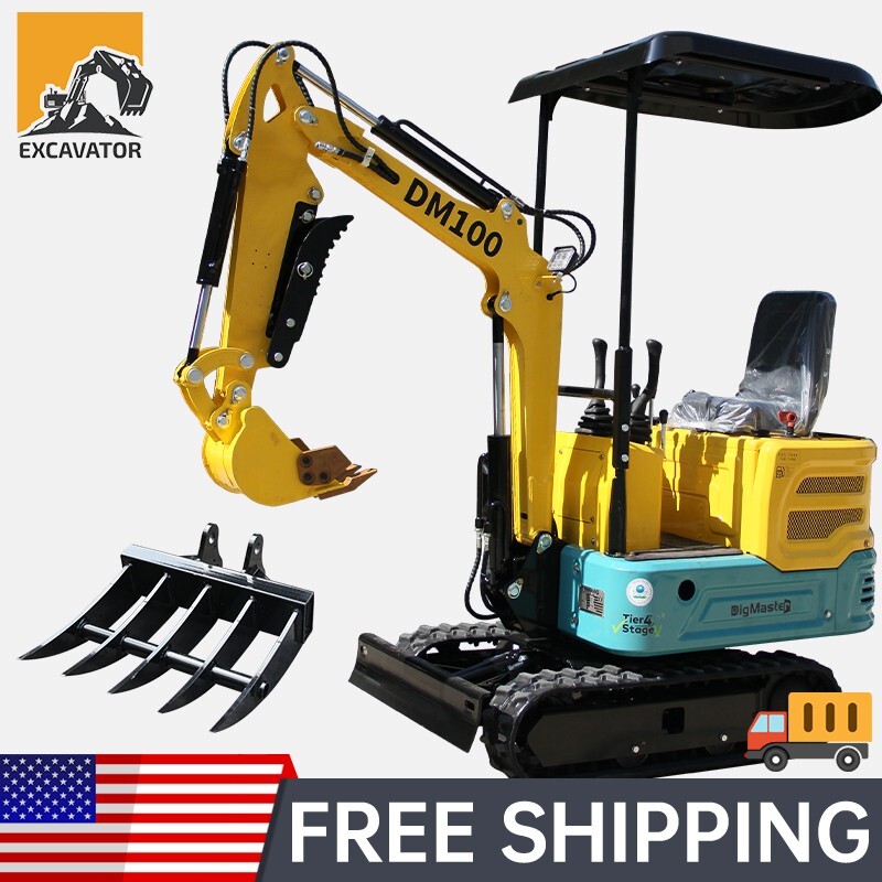 New Mini Excavator 1 Ton Hydraulic Micro Digger 13.5 HP Tracked Crawler+Rake