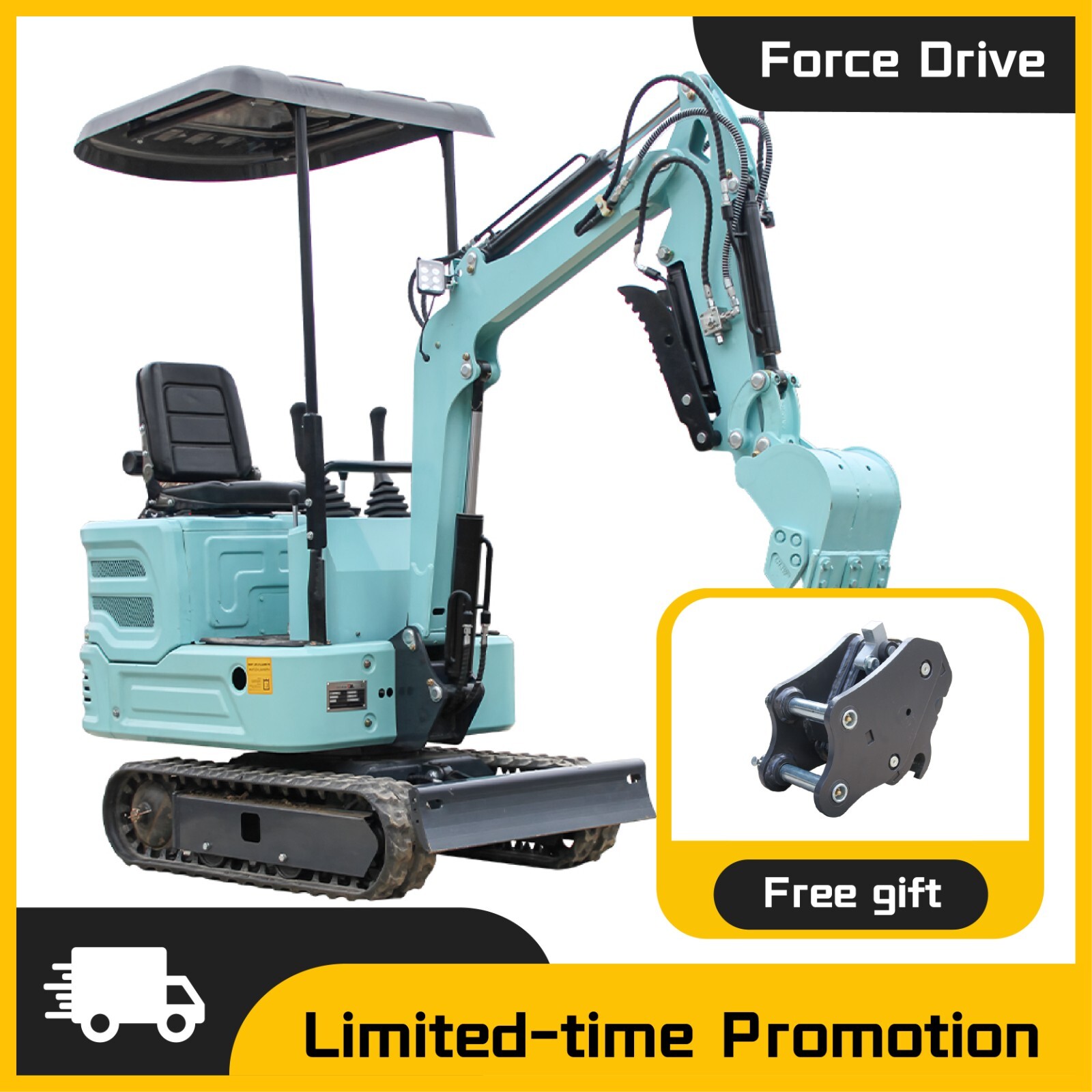 Free Ship Kubota Engine Hydraulic Crawler 1Ton 13.5HP Mini Excavator+Quick Hitch