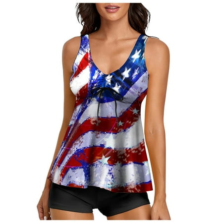 Bjutir American Flag Bikini For Women Flag Star Graphic Print Two Piece Swimsuits V Neck High Waisted Patriotic Plus Size Ruched Swimwear Summer Beach Vacation Women Tankini Set Watermelon Red 2Xl