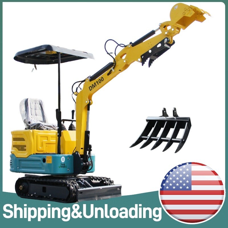Free Ship 1 Ton Mini Hydraulic Excavator+RAKE Digger 13.5hp Gas Tracked Crawler
