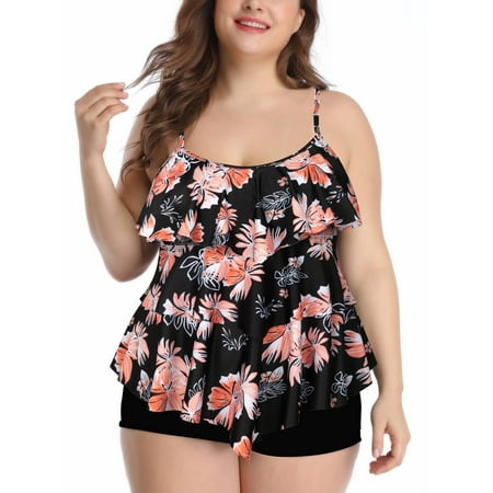 Plus Size Bathing Suit for Women Floral Printed Two Piece Swimsuit Layered Ruffle Tankini Top with Boyshorts