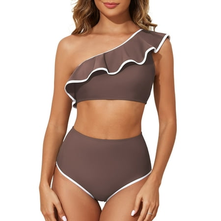 Eytino Women’s One Shoulder Bikini Sets Color Block Trim Ruffle Hem Swimsuits Elegant High Waisted Bathing Suits Brown 2XL Eytino Women’s One Shoulder Bikini Sets Color Block Trim Ruffle Hem Swimsuits Elegant High Waisted Bathing Suits Brown 2XL