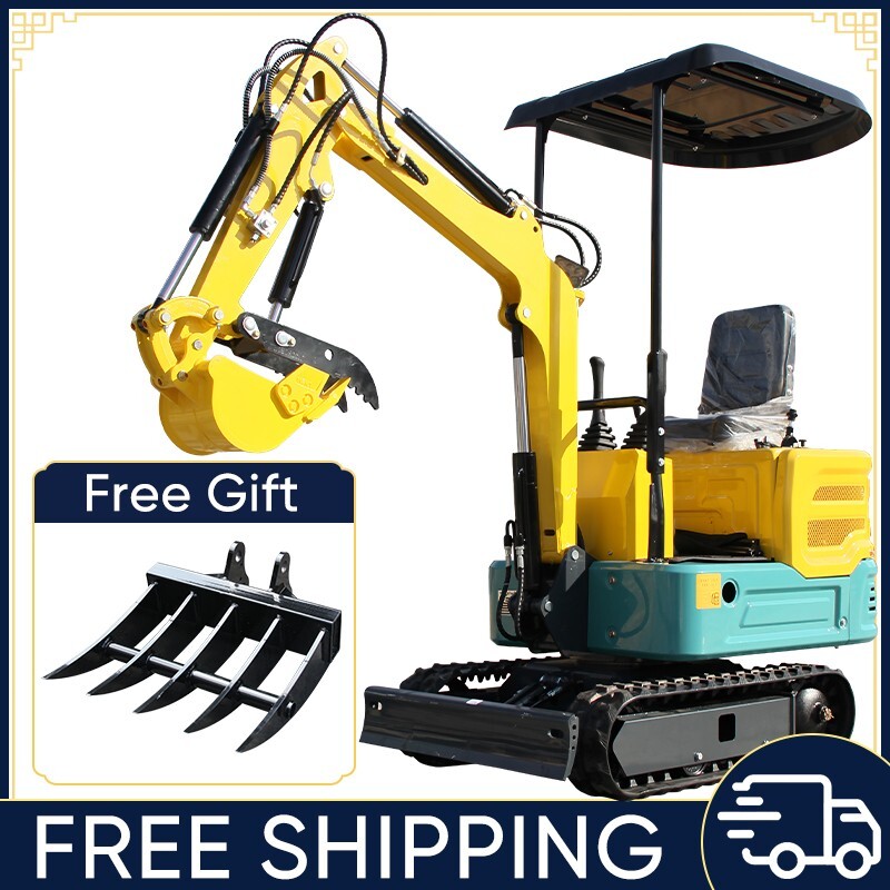 1 Ton Mini Excavator Hydraulic Track Air-cooled + Rake + Hydraulic Thumb Clamp