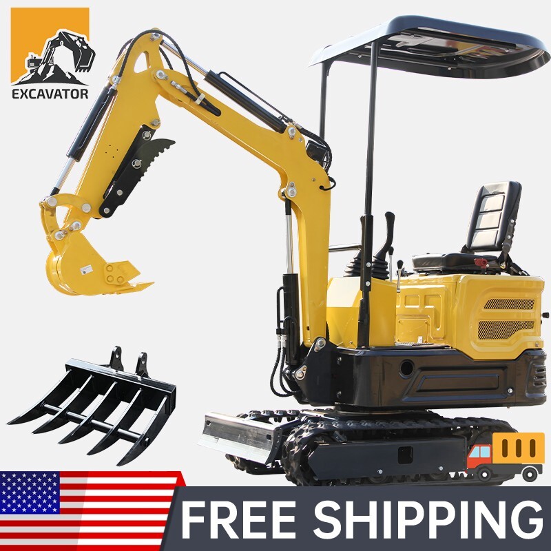 In USA Mini Excavator 1Ton Digger 13.5hp Gas Tracked Crawler+Rake Hook Attachmet