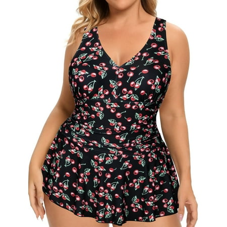 Chama Women’s Plus Size Cute Swimdress Bathing Suits V Neck Ruched One Piece Swimsuits Chama Women’s Plus Size Cute Swimdress Bathing Suits V Neck Ruched One Piece Swimsuits