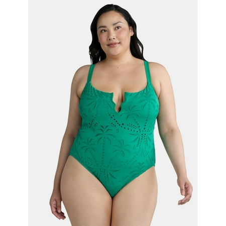 Time and Tru Women’s and Women’s Plus Eyelet Embroidered V Wire One Piece Swimsuit, Sizes XS-3X