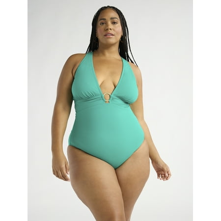 Sofia by Sofia Vergara Women’s and Women’s Plus Ring Front Plunge Halter One Piece with Curvetex®, Sizes XS-2X
