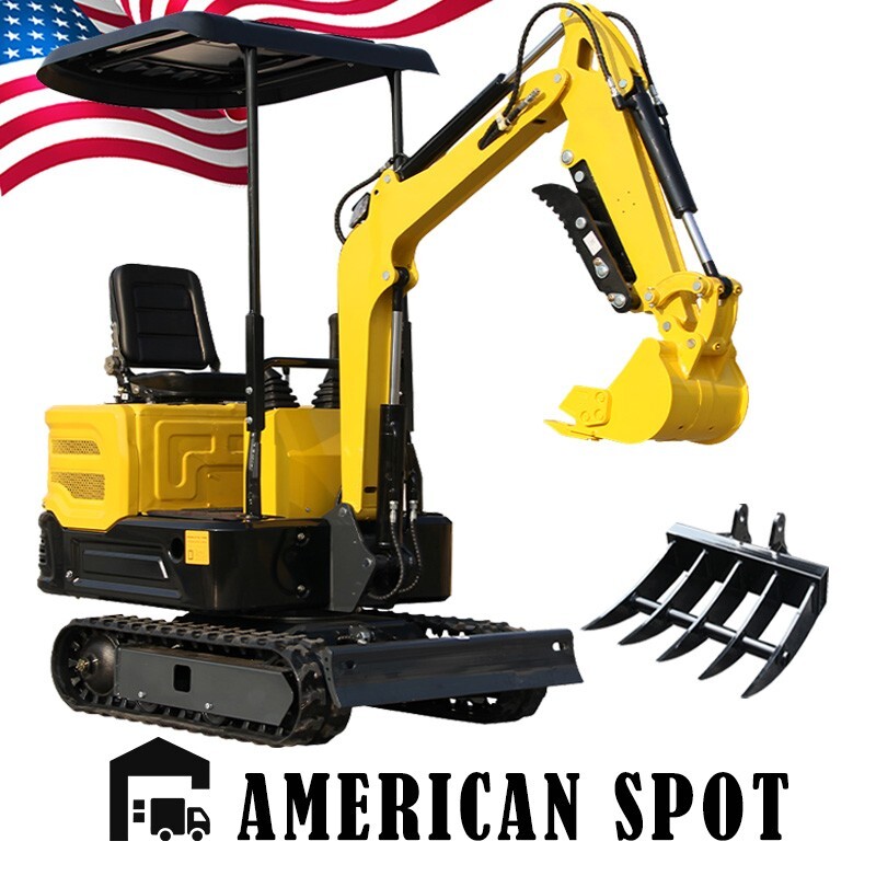 Free Ship Hydraulic 1TON 2200lb Mini Excavator + RAKE 13.5HP Gas  US Warehouse