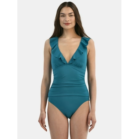 Time and Tru Women’s Ruffle Plunge One Piece Swimsuit, Sizes XS-3X