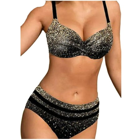 Women Sparkle Glitter Swimwear Sequin Bikini Shiny Sexy Push Up Two Piece Swimsuits Padded Swimwear Bathing Suit