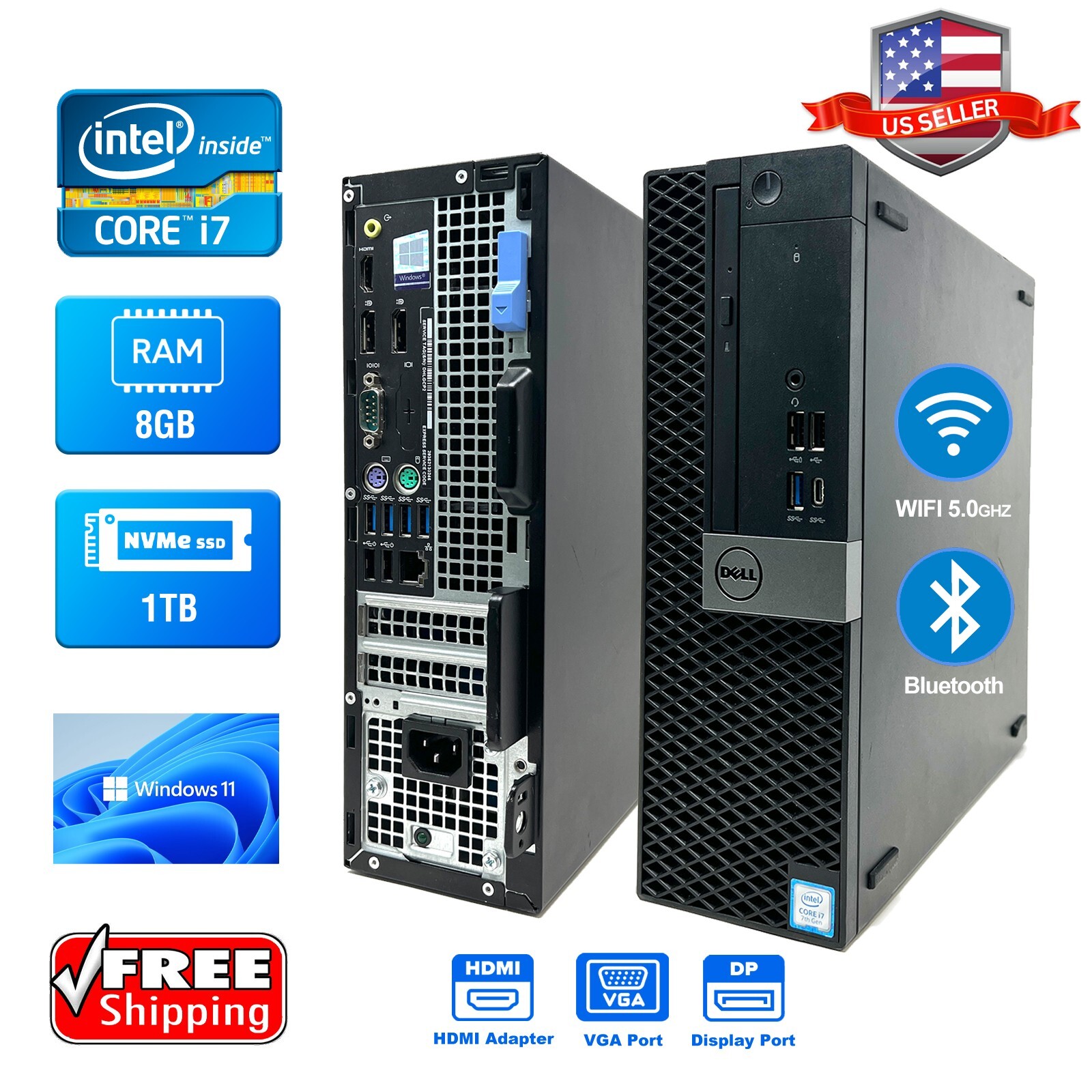 Dell OptiPlex Desktop Computer i7 PC 8GB RAM 1TB NVMe SSD Windows11 Type-C Port
