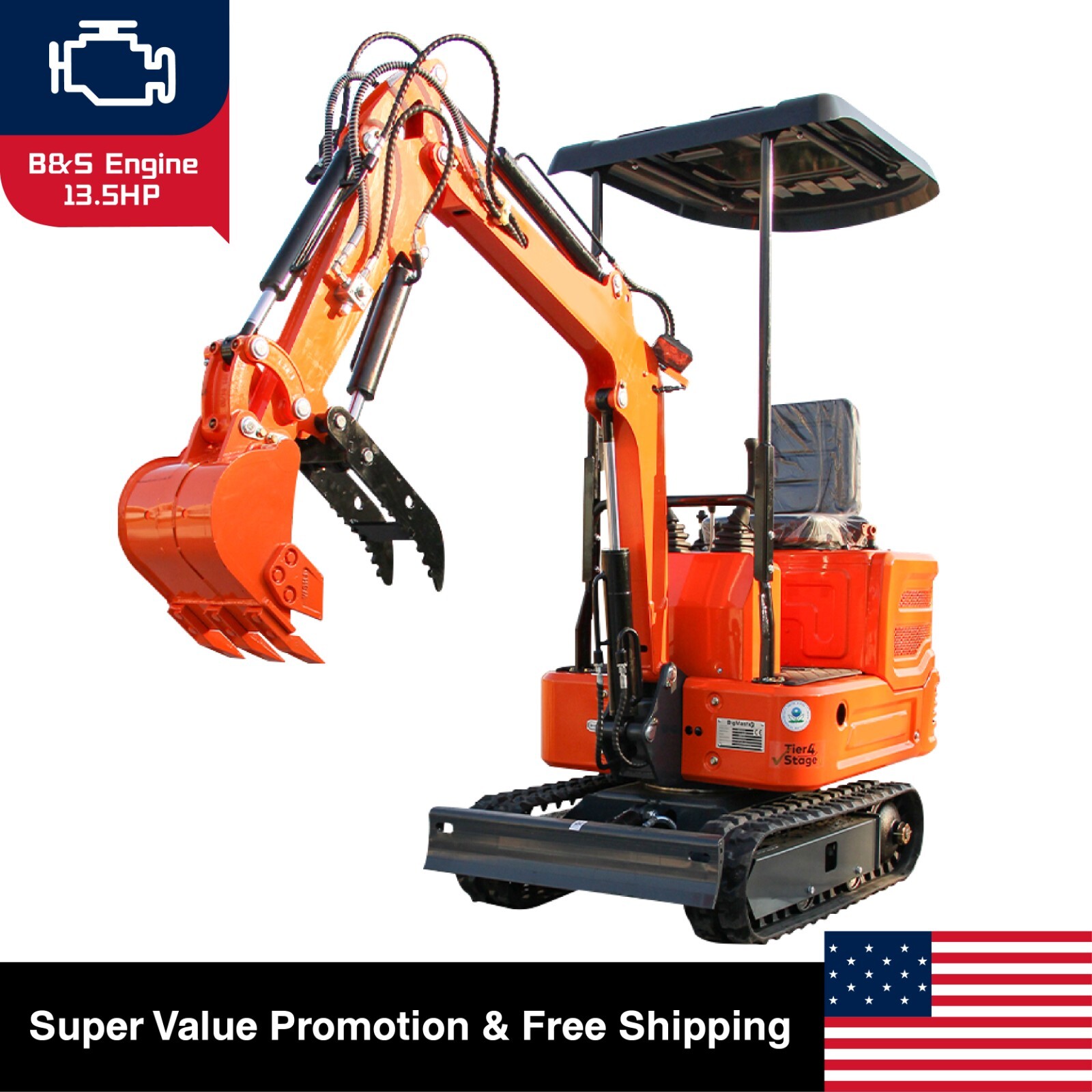 Free Ship 2000lb Hydraulic Crawler Mini Excavator B&S Gasoline 13.5 HP EPA