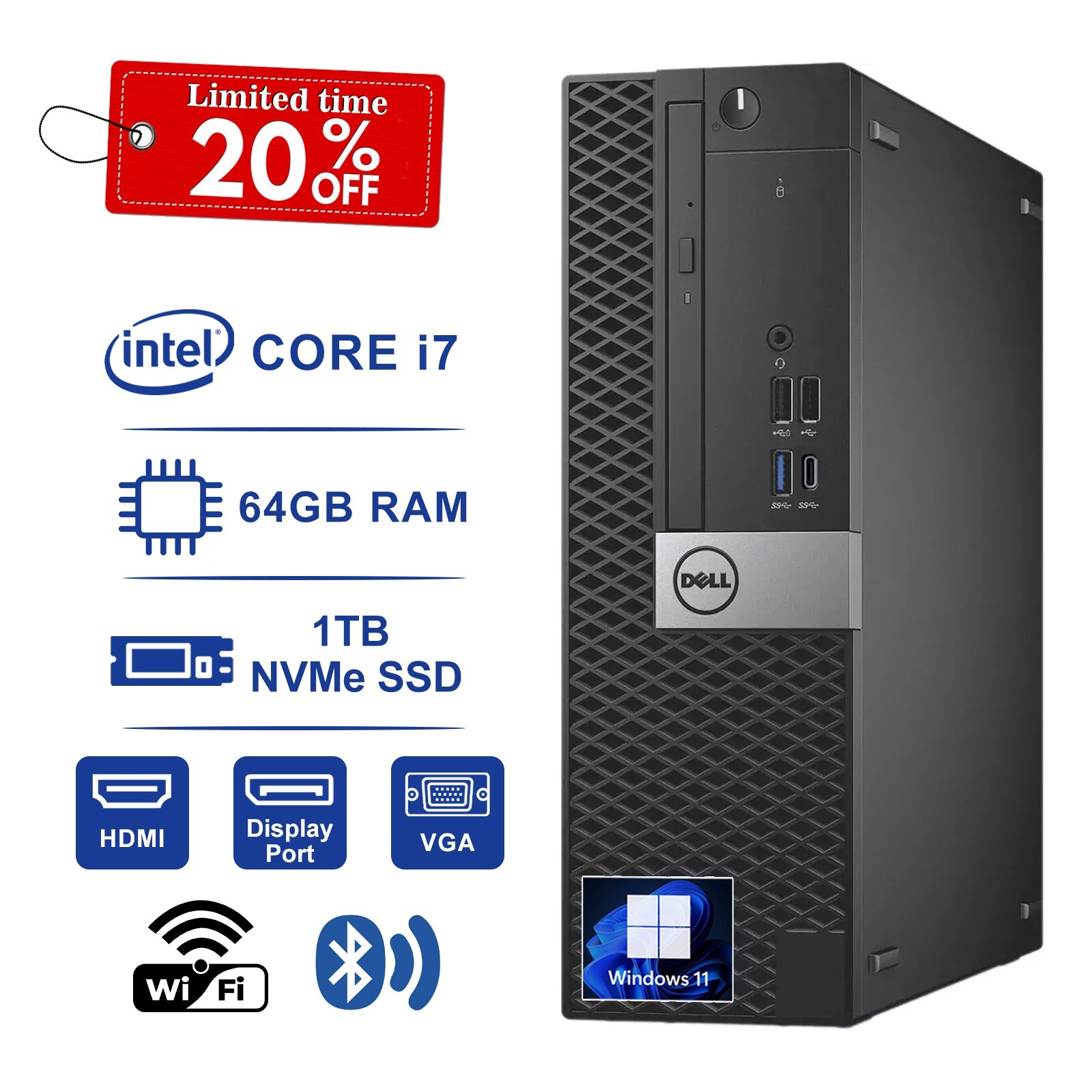 Dell Optiplex Desktop PC Intel Core i7,64GB RAM,1TB NVMe SSD,Win 11,Wifi+BT