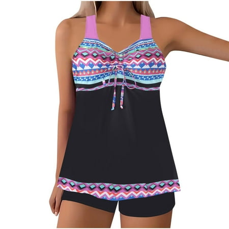 Amzcrzy Womens 2025 Two Piece Tankini Swimsuits Modest Tankini Bathing Suit Tops with Shorts Tummy Control Swimwear S-3XL