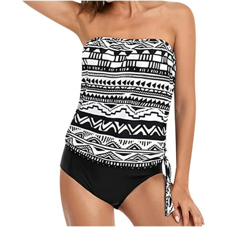 YanHoo Women 2 Piece Bathing Suit Strapless Tankini Tops Bandeau Bathing Suit Top with Shorts Blouson Swimsuit Top Two Piece Loose Fit Bathing Suit