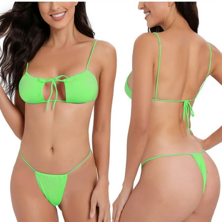 UTSJKR Extreme Sexy Mini Bikini Sets 2Pcs Swimwear G-String Bottom Swimsuit Summer Fashion Micro Bikinis for Women Green Free Size