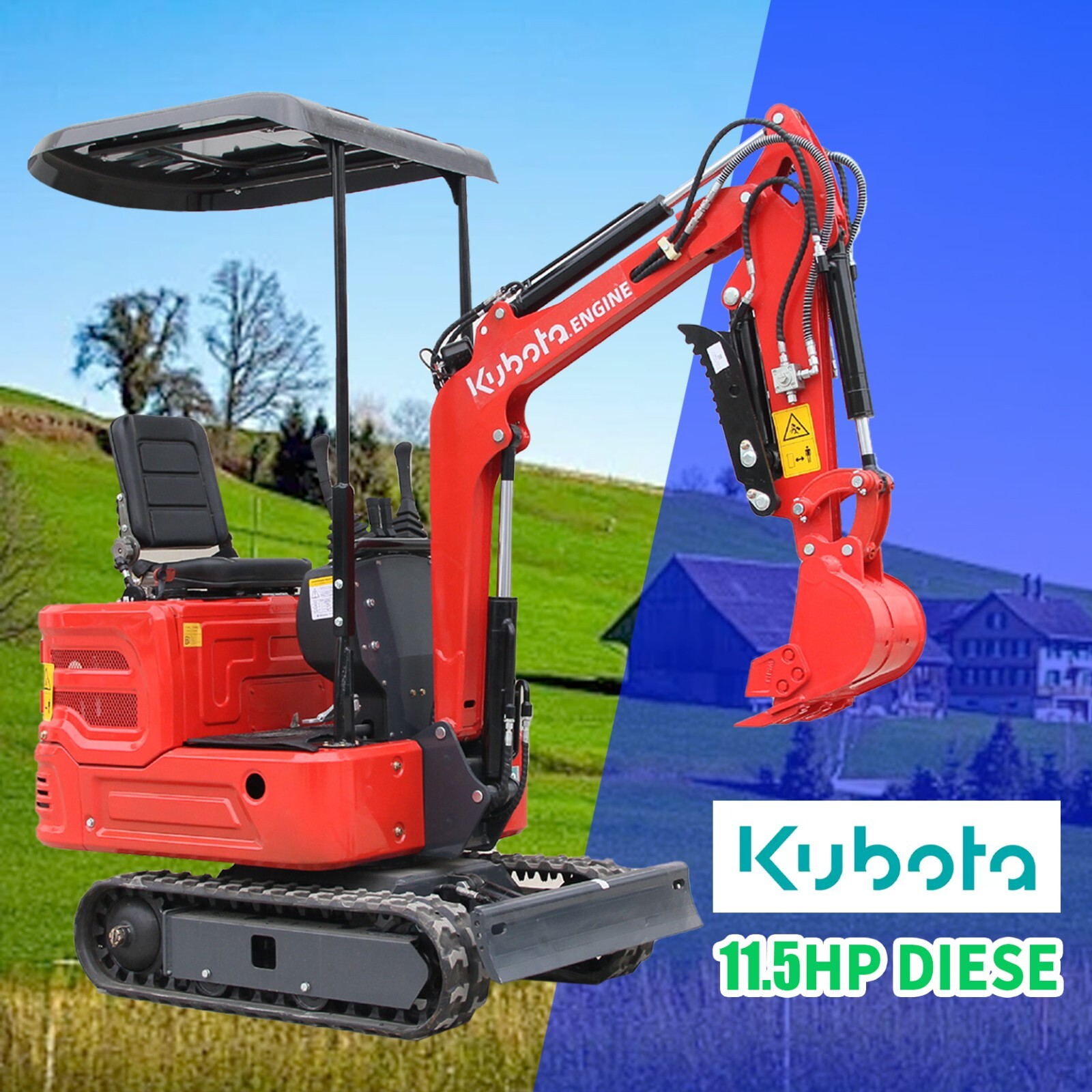 Free Shipping Hydraulic Thumb 1ton Mini Excavator Diesel Kubota 11.5HP Garden