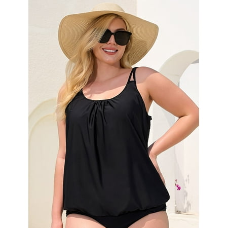 Ocean Blues Women’s Plus Size Tankini Top Only Loose Fit Blouson Bathing Suit Top