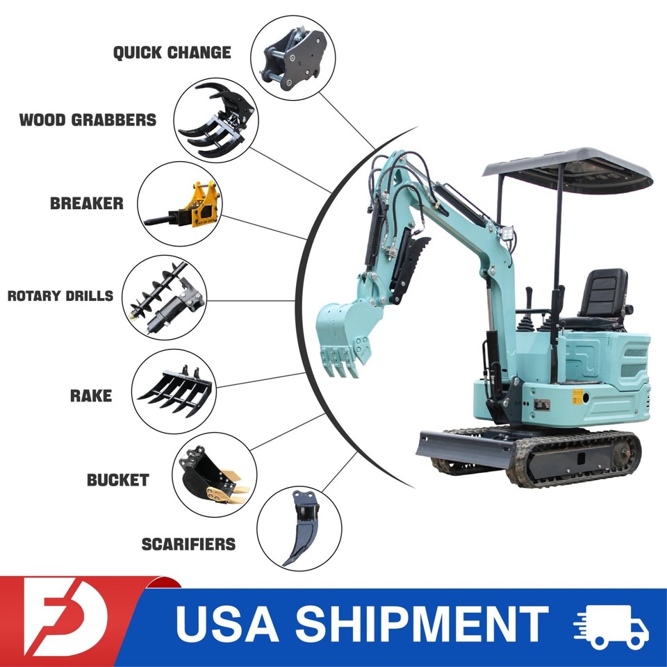 Free Ship 1 Ton Crawler Mini Excavator 11.5 HP Kubota Diesel Engine+Attachments