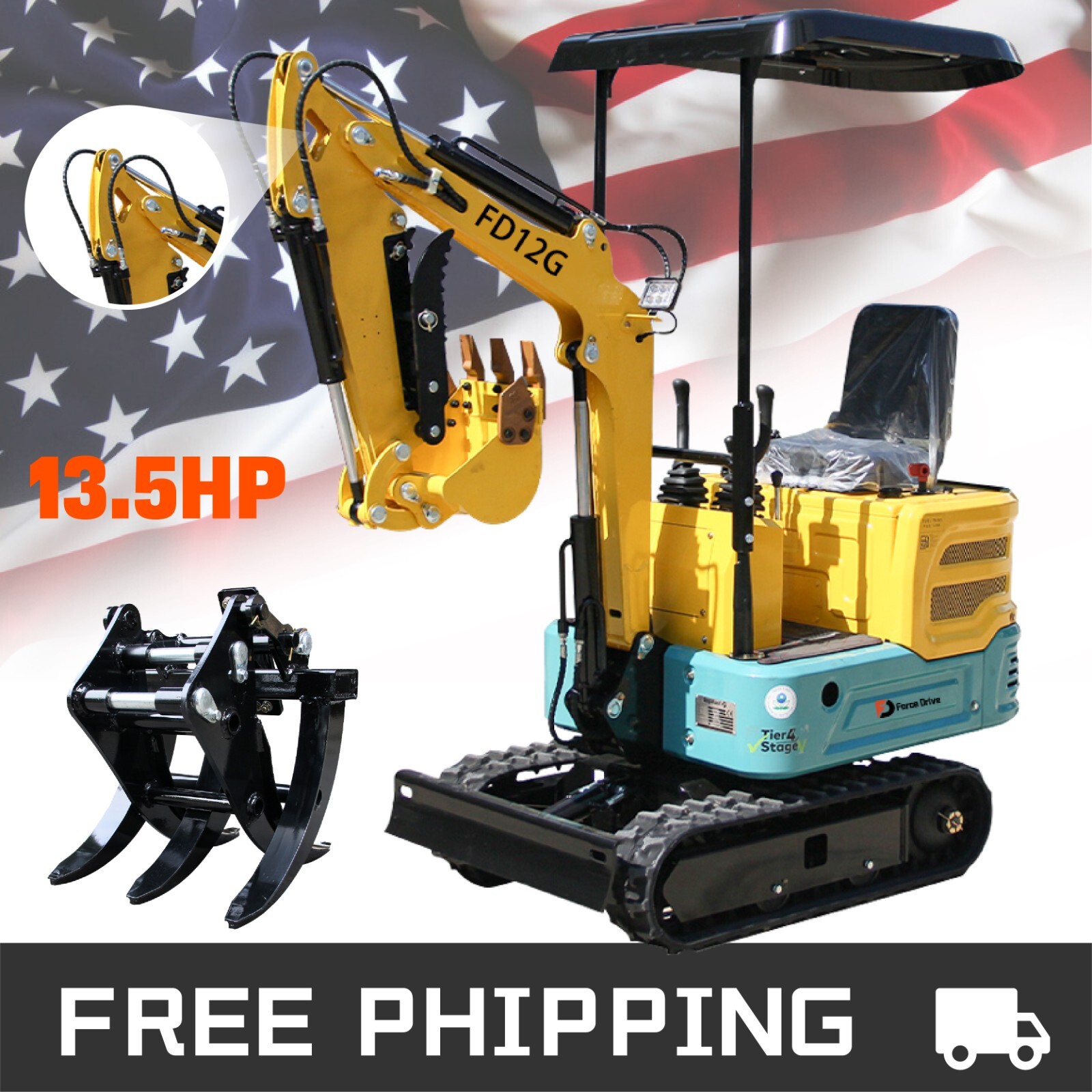 New 1 Ton Mini Excavator Hydraulic Crawler Heavy Digger Gas 13.5 HP EPA USA Sale