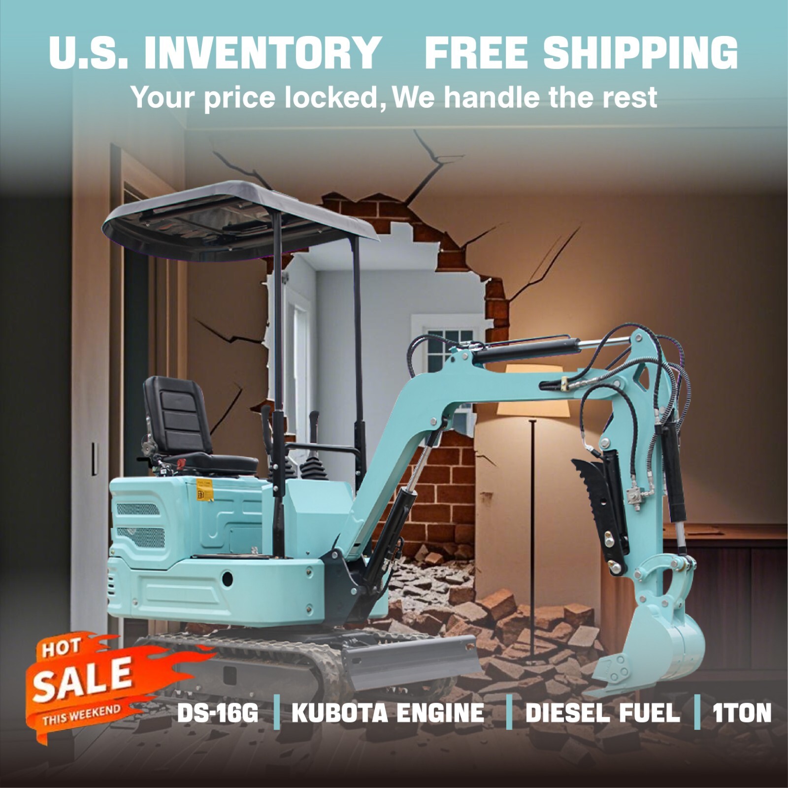 Mini Excavator 1.1 Ton Digger Crawler 11.5 HP Kubota Diesel Engine Water Cooled