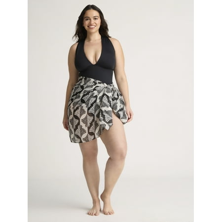 Time and Tru Women’s and Women’s Plus Plunge One Piece Swimsuit and Pareo Set, 2-Piece, Sizes XS-3X