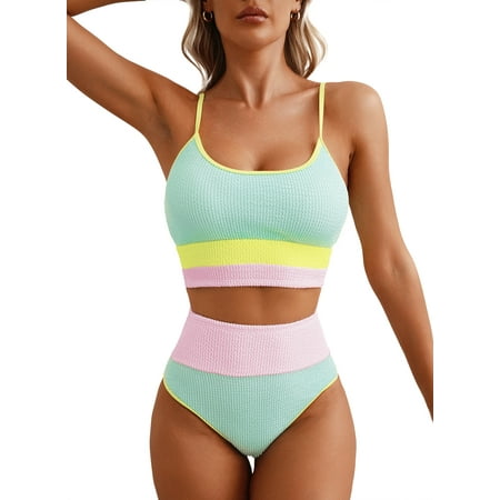 Eytino Women’s Two Piece Bikini Set High Waisted Bathing Suit Color Block Swimsuit 2025 Summer Beach Scrunch Ribbed Swim Suit Swimwear Light Blue XL