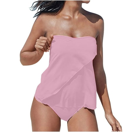 YanHoo Strapless Tankini Swimsuits for Women 2 Piece Tummy Control Bathing Suit Bandeau Swim Top with Bottom 2PCS Swimsuits 2024 Summer Clearance Sales