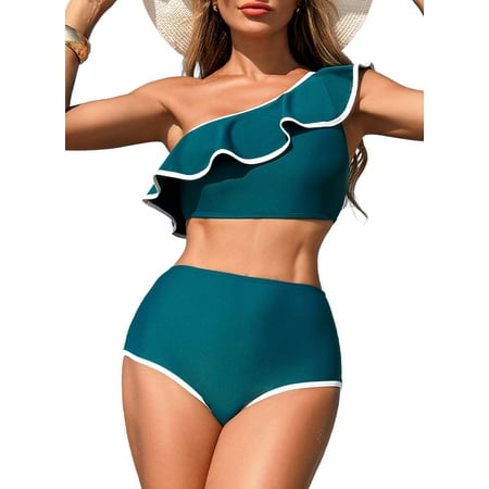 Eytino Bikini Swimsuits for Women High Waisted Bikini Bathing Suit Color Block Trim Ruffle Hem Bathing Suits 2025 Summer Beach Swimwear Sea Green XL Eytino Bikini Swimsuits for Women High Waisted Bikini Bathing Suit Color Block Trim Ruffle Hem Bathing Suits 2025 Summer Beach Swimwear Sea Green XL
