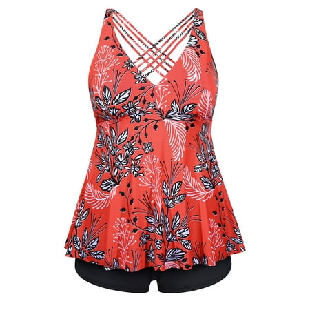 Plus Size Tankini Swimsuits for Women with Shorts Flowy V Neck Bathing Suits 2 Piece Swimwear