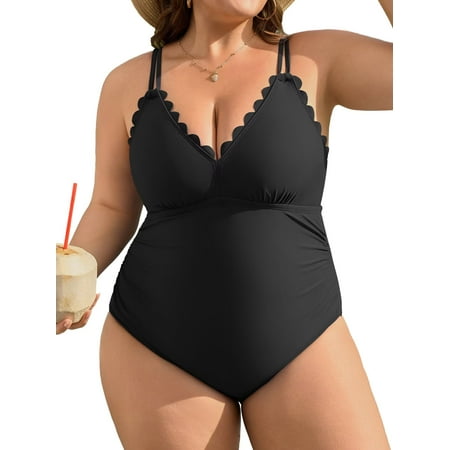 Asoul Plus Size Swimsuit for Women Scalloped Tummy Control One Piece Bathing Suits Ruched V Neck Swimwear