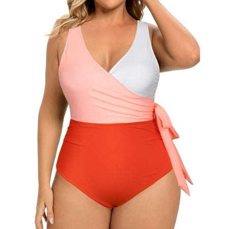 Chama Womens Plus Size Color Block Knot One Piece Swimsuit Tie Side Tummy Control Bathing Suits
