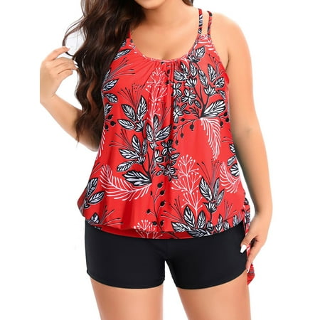 Chama Blouson Tankini Swimsuits for Women Plus Size 2 Piece Tummy Control Bathing Suits Side Tie Swimwears