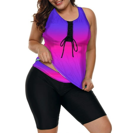 Chama Women’s Plus Size Racerback Tankini Swimsuits with Swim Capris 2 Piece Color Block Athletic Bathing Suits