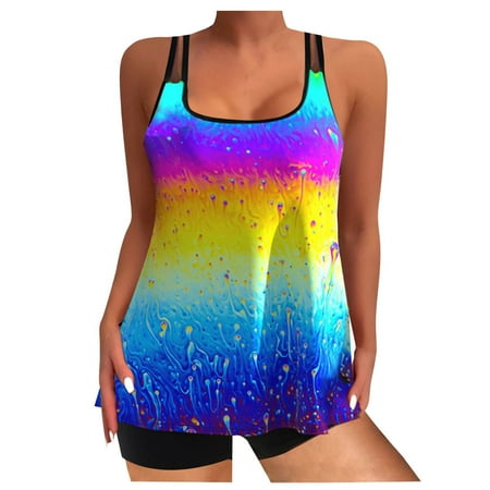 Hyknon Tankini Swimsuits for Women 2025 Tie-dye Prited Two Piece Set Bathing Suits with Boyshorts Summer Beach Loose Plus Size Conservative Elastic Waist Swimwear
