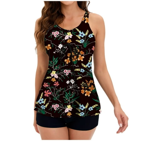 VEKDONE Women’s Sexy Bathing Suit 2025 Clearance Summer Conservative Tankini Swimsuit with Lace Up Trendy Print Tunics Swimwear 2 Piece Casual Beach Party Sets E Black XL