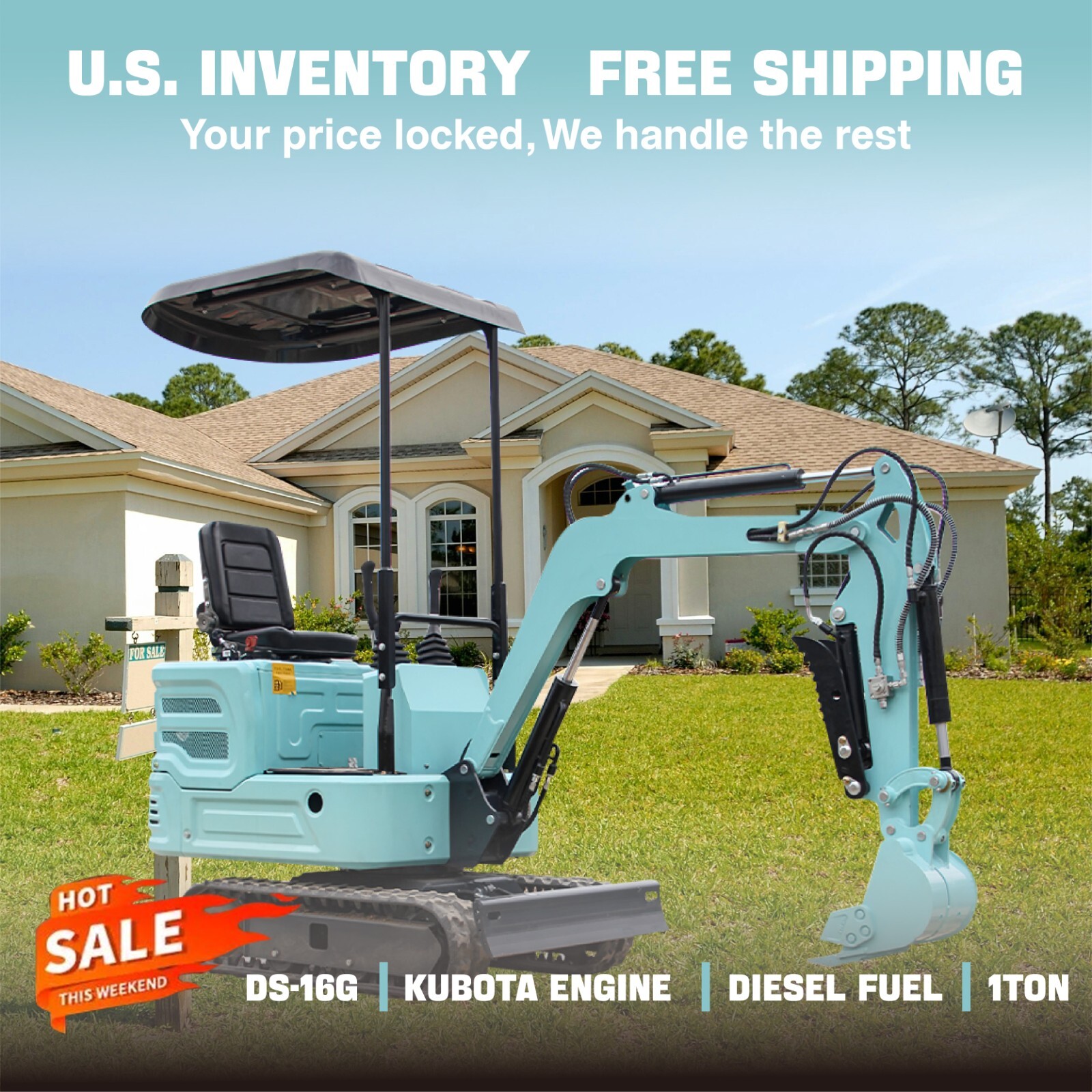 Free Shipping Mini Excavator, Kubota Engine, Diesel Fuel, EPA Certification