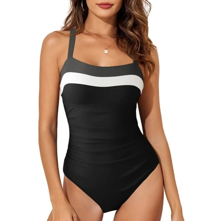 Eytino Bathing Suits Women One Piece Swimsuit Tummy Control Athletic Ruched Push Up Swimming Suits Swimwear Black S-2XL