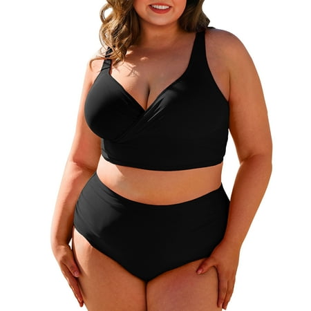 SHEWIN Women’s High Waisted Bikini Sets Plus Size Two Piece Tummy Control Swimsuits V Neck Summer Beach Swim Bathing Suits Black 4X