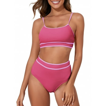 Eytino Womens Bathing Suits High Waisted Bikini Sets Tummy Control Swimsuits Scoop Neck Ribbed Color Block Two Piece Swimming Suits Swimwear Pink S-2XL