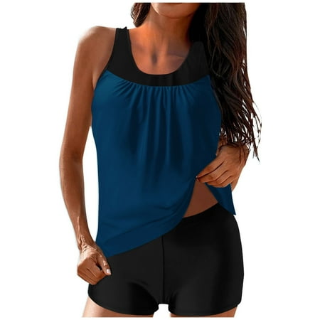 SELONE Women’s Bathing Suit Tankini Tops Separates Plus Size Conservative Lace Stitching Suit Swimming Trunks Split Swimsuit Suit Blue 2XL