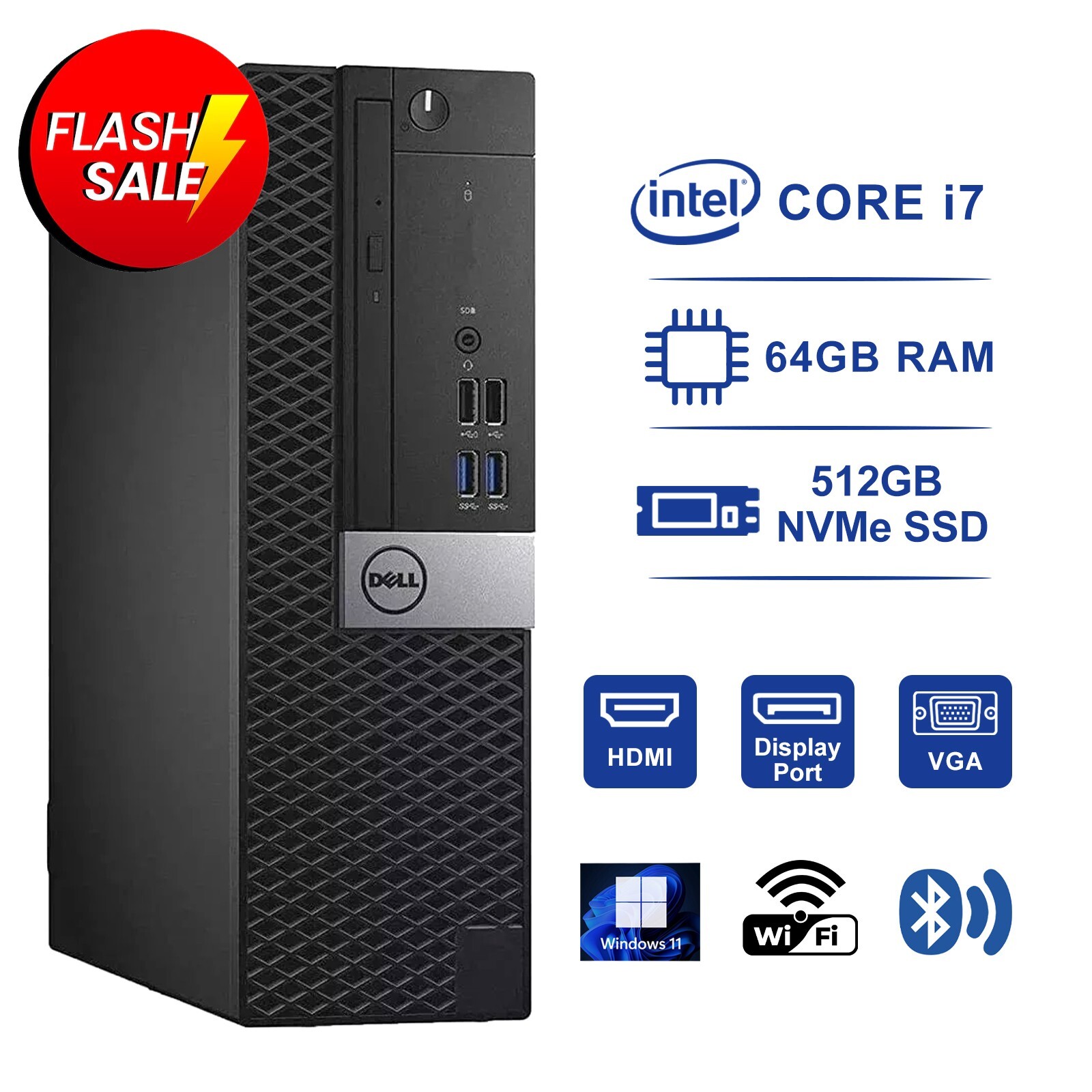Dell Optiplex Desktop PC Intel Core i7 ,64GB RAM,512GB NVMe SSD,Win 11,Wifi+BT