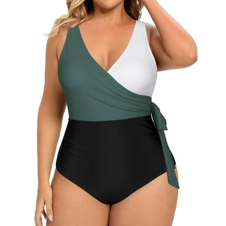 Chama Womens Plus Size Color Block Knot One Piece Swimsuit Tie Side Tummy Control Bathing Suits
